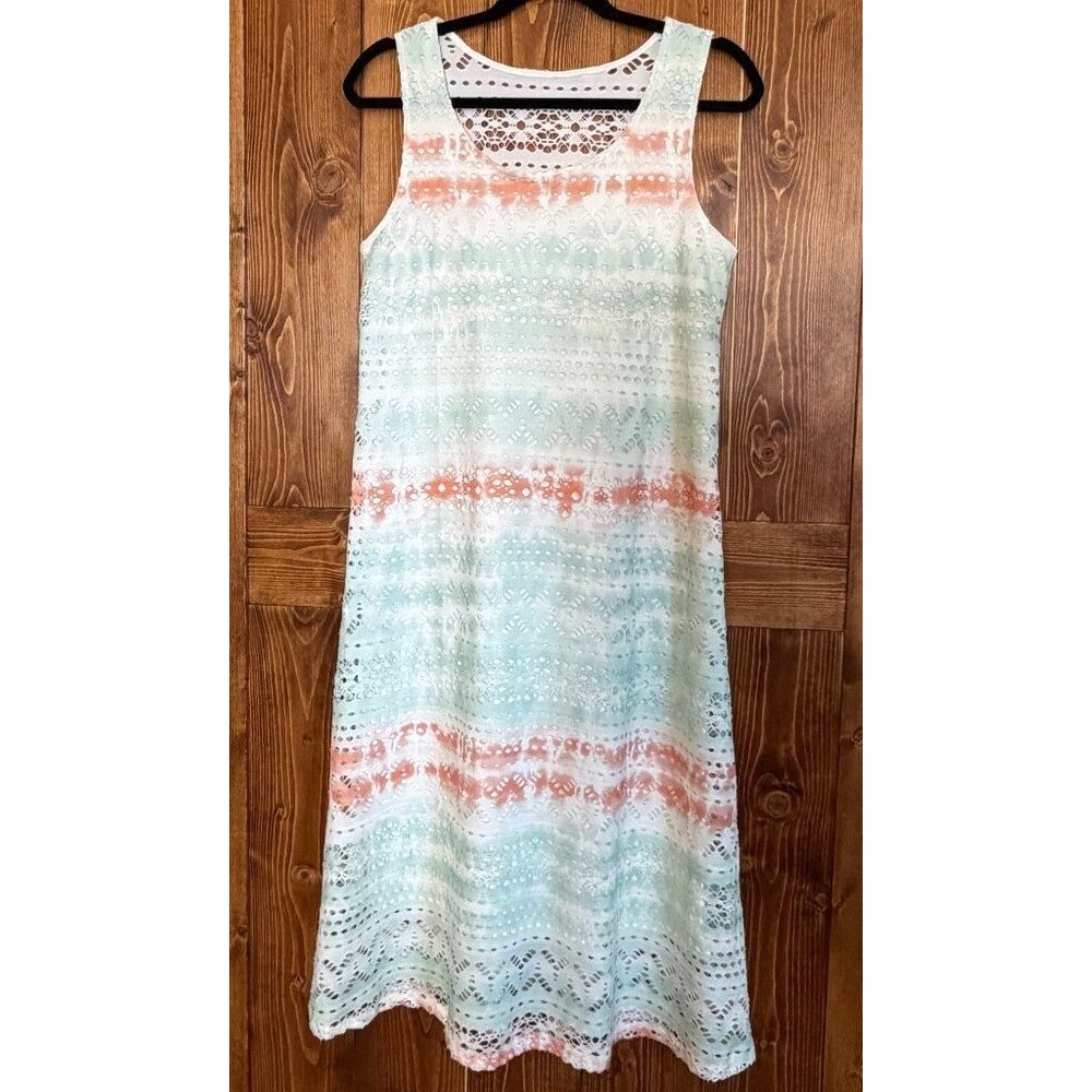Cloth & Portrait Eyelet Midi Dress Small • Peach Teal Boho Sleeveless